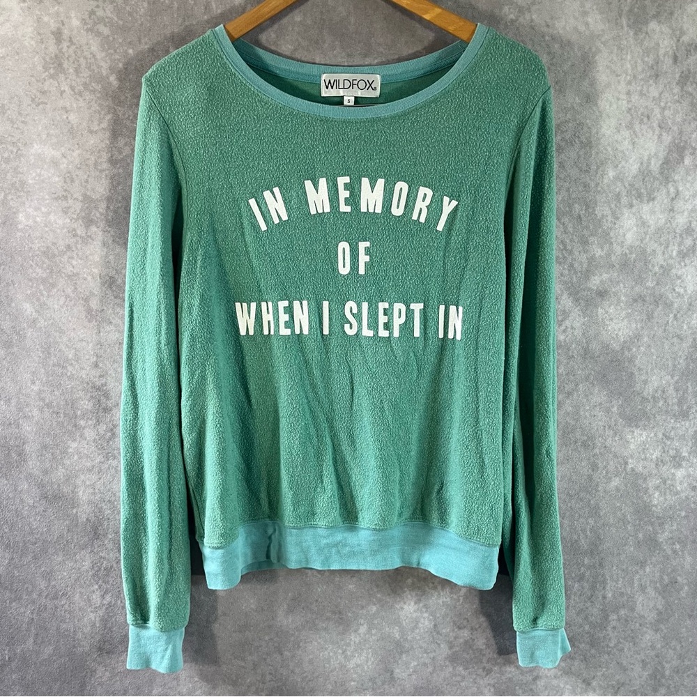 Wildfox Sweatshirt Womens Small Green In Memory of When I Slept In Print Sweater